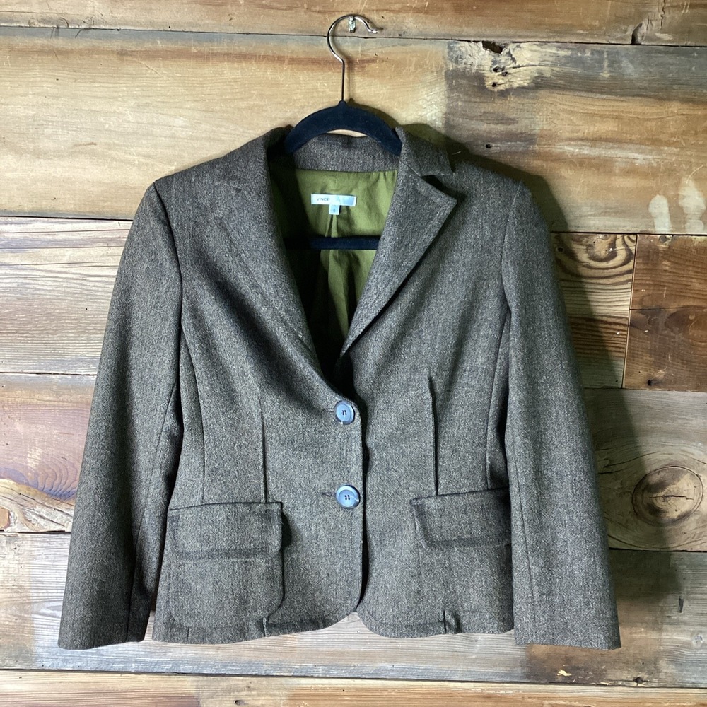 VINCE Blazer Jacket Womens Brown Tweed Wool Two Button Closure Darted Seams 6